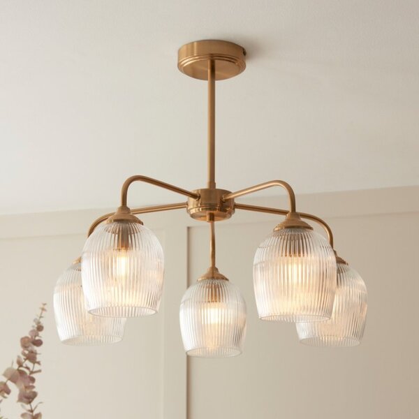 Endon 120619 Ashcroft 5 Light Ceiling Pendant In Brushed Aged Brass With Ribbed Glass