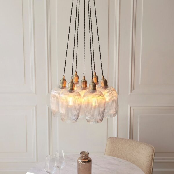 Mulberry 7 Light Custer Ceiling Pendant Light In Antique Brass With Clear Ribbed Glass Shades