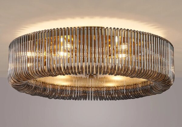 Verne 78 cm Round Flush Ceiling Light In Brass Finish With Smoked Glass