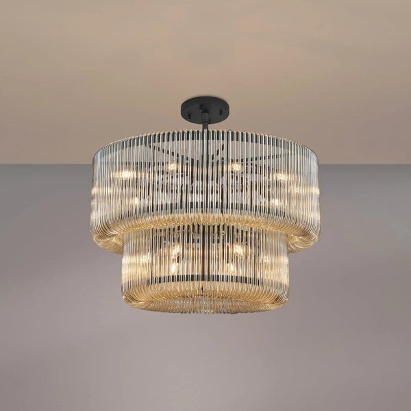 Verne 78 cm 2 Tier Pendant / Semi Flush Light In Black Finish With Smoked Brown Glass