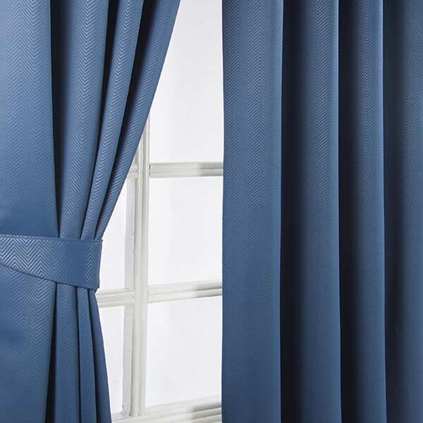 Navy Blue Herringbone Chevron Blackout Curtains Eyelet Style, 46x72"