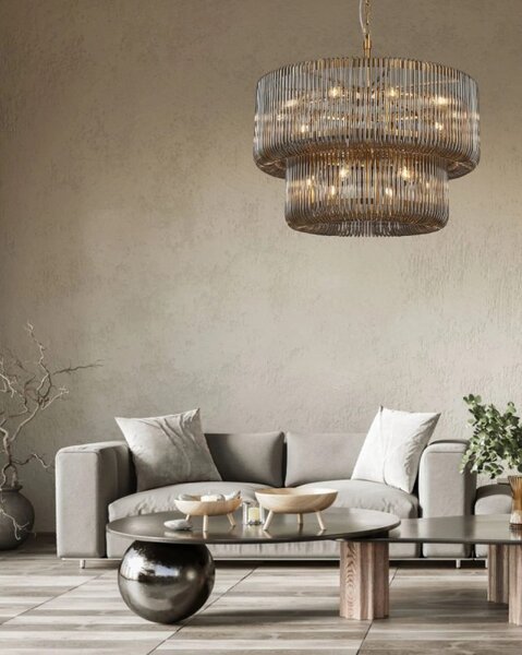 Verne 78 cm 2 Tier Pendant / Semi Flush Light In Brass Finish With Smoked Glass
