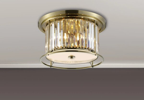 Crown 50 cm Flush Ceiling Light In Antique Brass Finish With Clear Crystal Glass