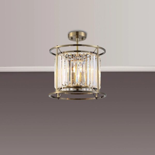 Crown 36 cm Convertible Pendant Or Semi Flush Light In Antique Brass Finish with Crystal Glass