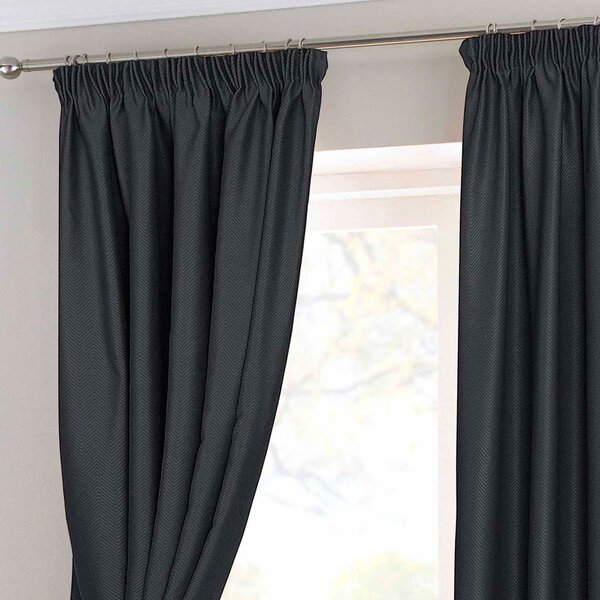 Black Herringbone Chevron Blackout Curtains Pair Pencil Pleat, 46x72"