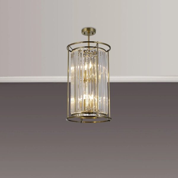 Crown 36 cm Convertible 2 Tier Pendant Or Semi Flush Light In Antique Brass Finish with Crystal Glass