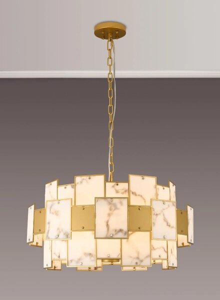 Swiss 74 cm Round Pendant Or Semi Flush With Metal And Faux Gold And Grey Alabaster Panels