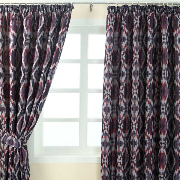 Blue and Red Jacquard Curtain Geometric Diamond Design Fully Lined - 46" X 72" Drop