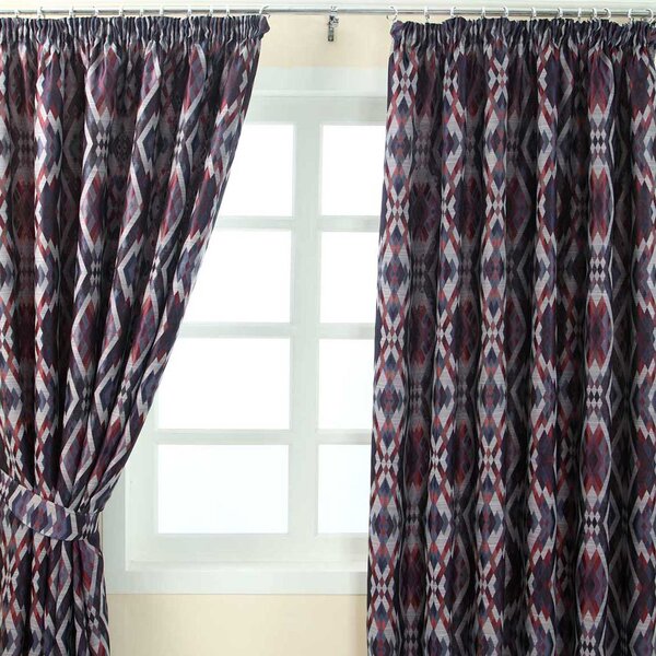 Blue and Red Jacquard Curtain Geometric Diamond Design Fully Lined - 66" X 72" Drop