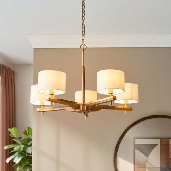 Endon 116994 Heathcliff 5 Light Ceiling Pendant Light In Aged Brass Finish With Natural Linen Shades
