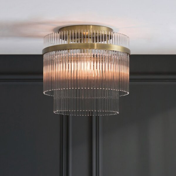 Endon 119492 Marietta Flush Ceiling Light In Antique Brass With Glass Rods