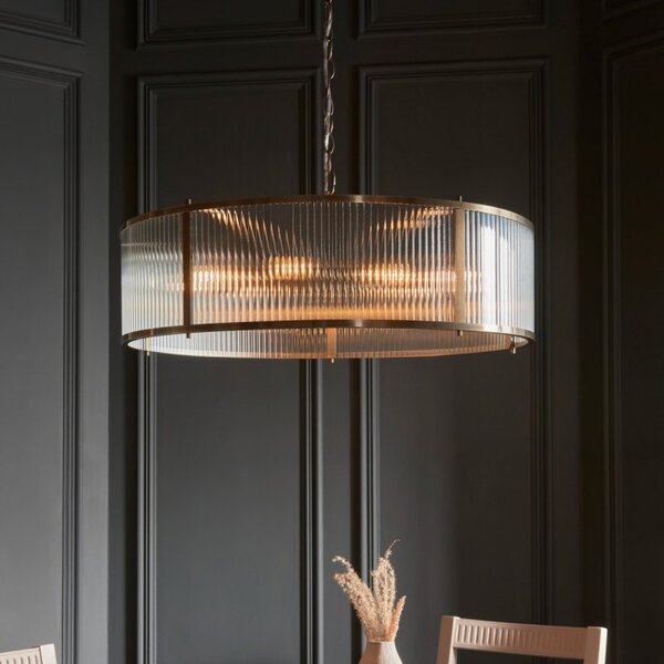 Endon 119455 Ridgeton 8 Light Ceiling Pendant Light In Antique Brass With Clear Ribbed Glass