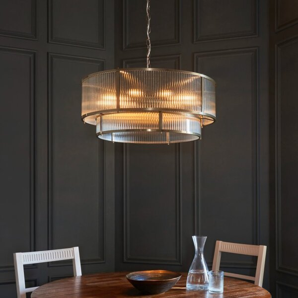 Endon 119456 Ridgeton 8 Light Tiered Ceiling Pendant Light In Antique Brass With Clear Ribbed Glass