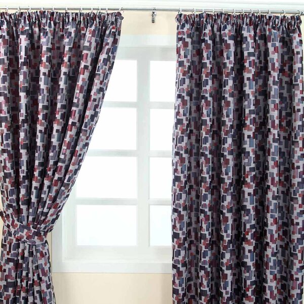 Red and Blue Jacquard Curtain Abstract Design Fully Lined - 46" X 90" Drop