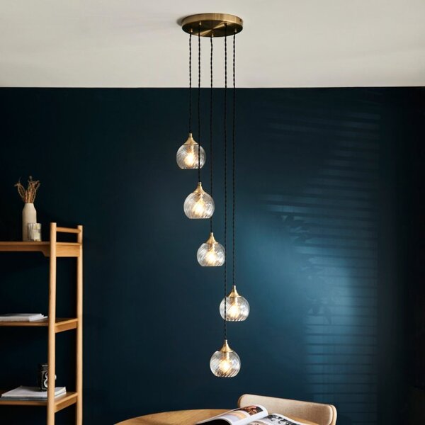 Endon 119435 Allegra 5 Light Cascade Ceiling Pendant Light In Antique Brass With Twisted Glass Shades