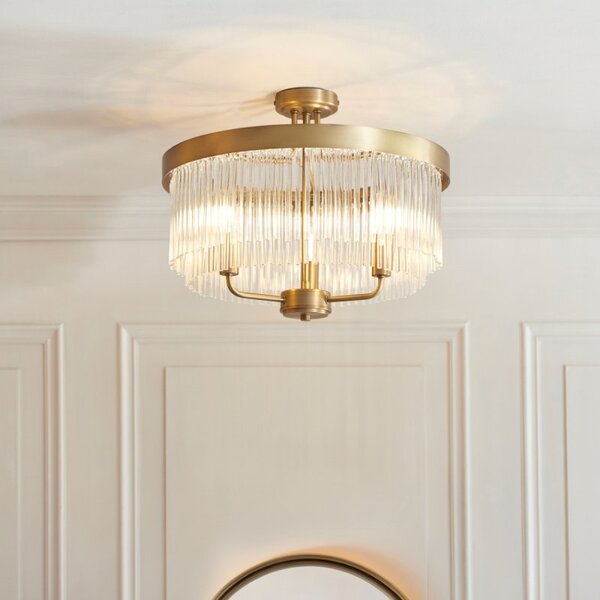 Endon 119109 Clermont 3 Light Semi Flush Ceiling Light In Warm Brass Finish With Glass Rods