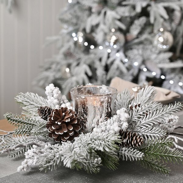 Snowy Candle Wreath with Pine Foliage & Cones