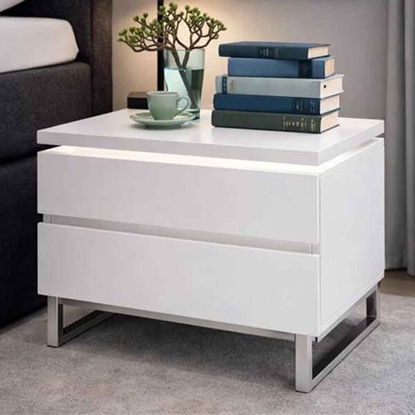 Matis Bedside Cabinet In White Gloss With 2 Drawers And LED