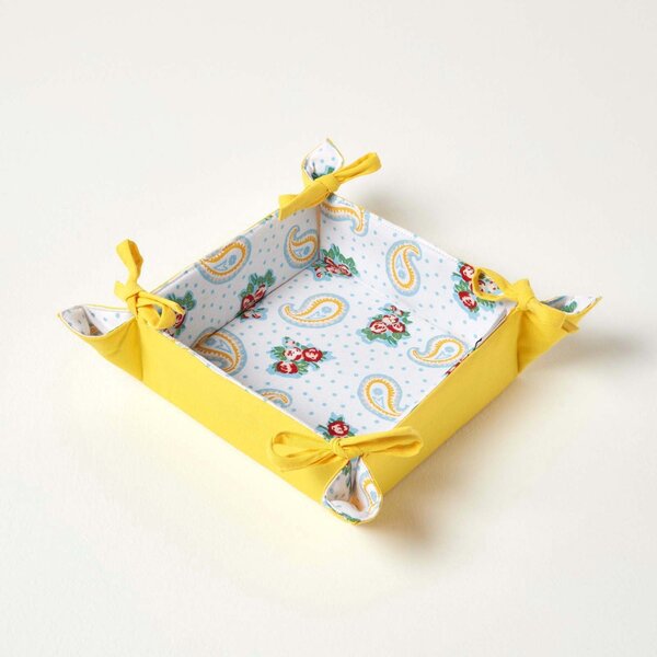 Reversible Fabric Bread Basket Paisley & Dots Foldable Basket