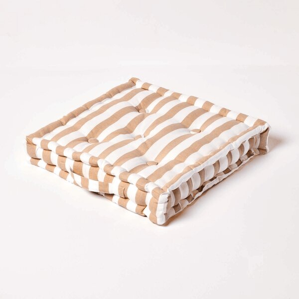 Homescapes Cotton Beige Thick Stripe Floor Cushion, 40 x 40 cm