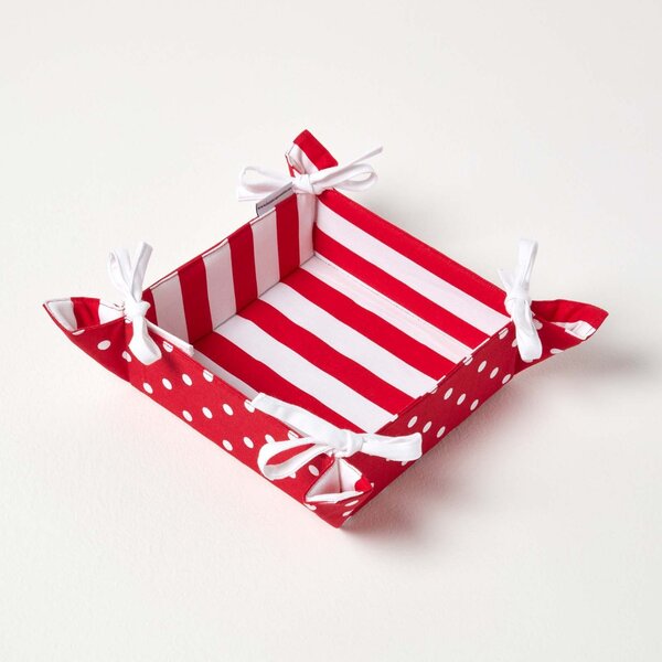 Reversible Fabric Bread Basket Polka Dots Red Foldable Basket