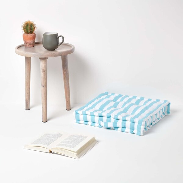 Homescapes Cotton Blue Thick Stripe Floor Cushion, 40 x 40 cm