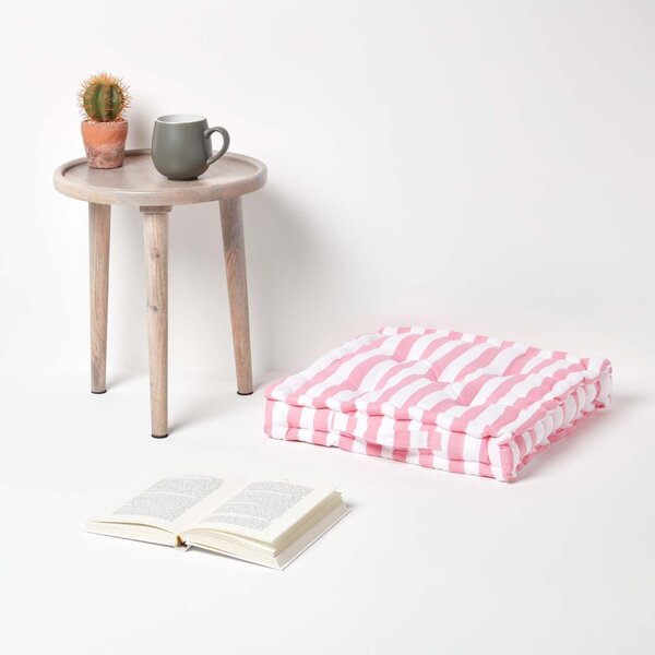 Homescapes Cotton Pink Thick Stripe Floor Cushion, 40 x 40 cm