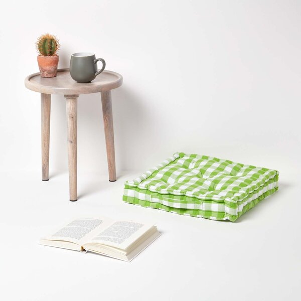 Homescapes Cotton Green Block Check Gingham Floor Cushion, 40 x 40 cm