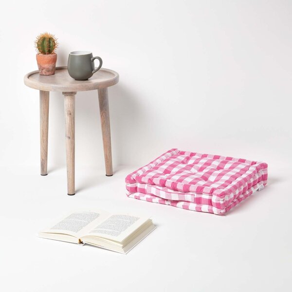 Homescapes Cotton Pink Block Check Gingham Floor Cushion, 40 x 40 cm