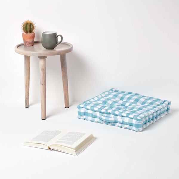 Homescapes Cotton Blue Block Check Gingham Floor Cushion, 40 x 40 cm