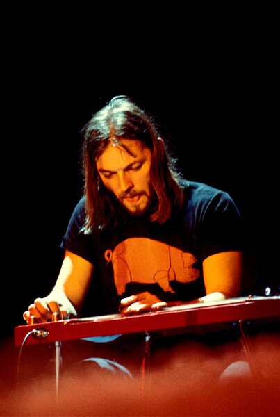 Photography February 1977: concert of rock band Pink Floyd at the Paris pavilion: guitarist and singer David Gilmour