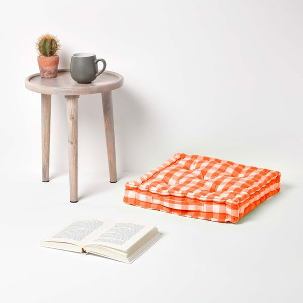 Homescapes Cotton Orange Block Check Gingham Floor Cushion 40 x 40 cm