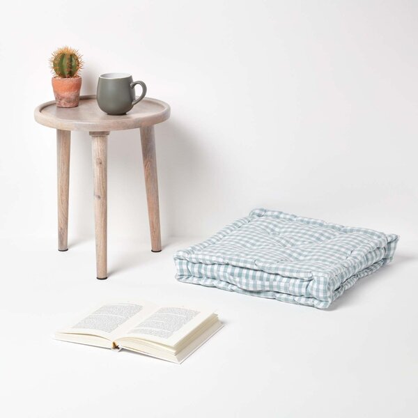 Homescapes Cotton Gingham Check Blue Floor Cushion, 40 x 40 cm