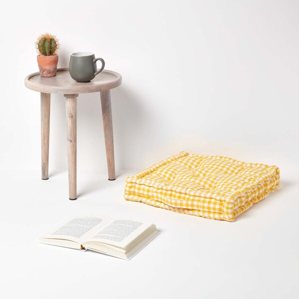 Homescapes Cotton Gingham Check Yellow Floor Cushion, 40 x 40 cm