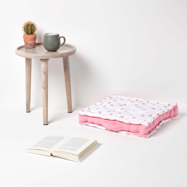 Homescapes Cotton Pink Hearts Floor Cushion, 40 x 40 cm