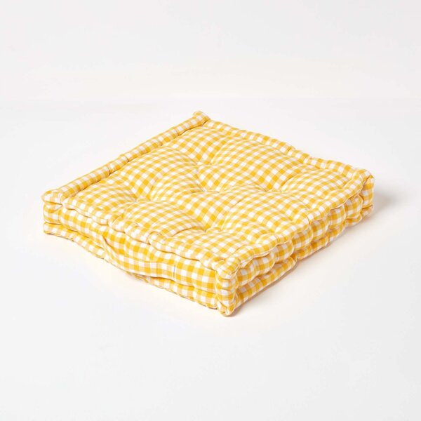 Homescapes Cotton Gingham Check Yellow Floor Cushion, 40 x 40 cm