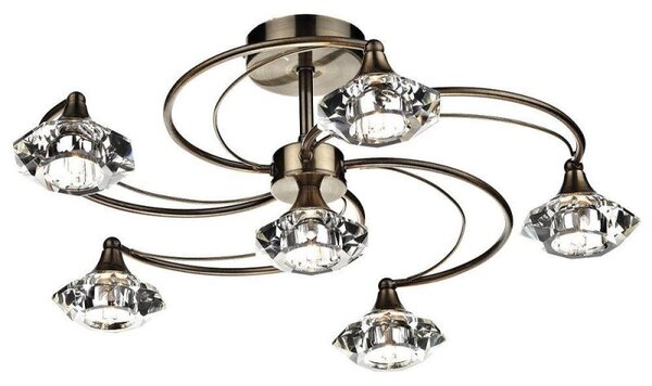 Dar LUT0675 Luther 6 Light Crystal Semi Flush Ceiling Light, Antique Brass
