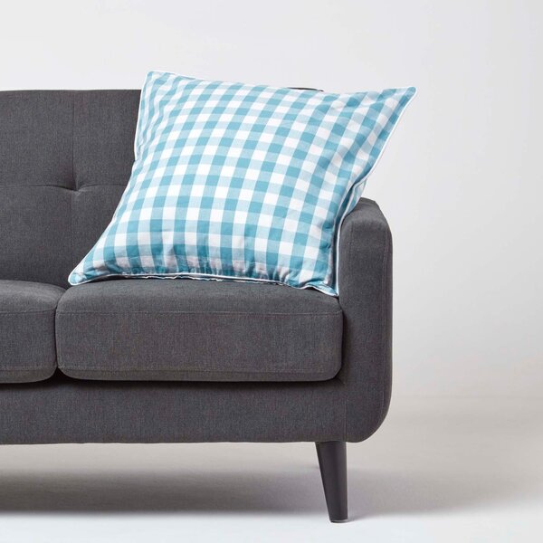 Homescapes Cotton Block Check Gingham Blue Cushion Cover, 60 x 60 cm