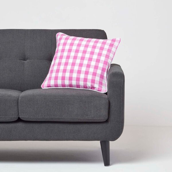 Homescapes Cotton Block Check Gingham Pink Cushion Cover, 45 x 45 cm