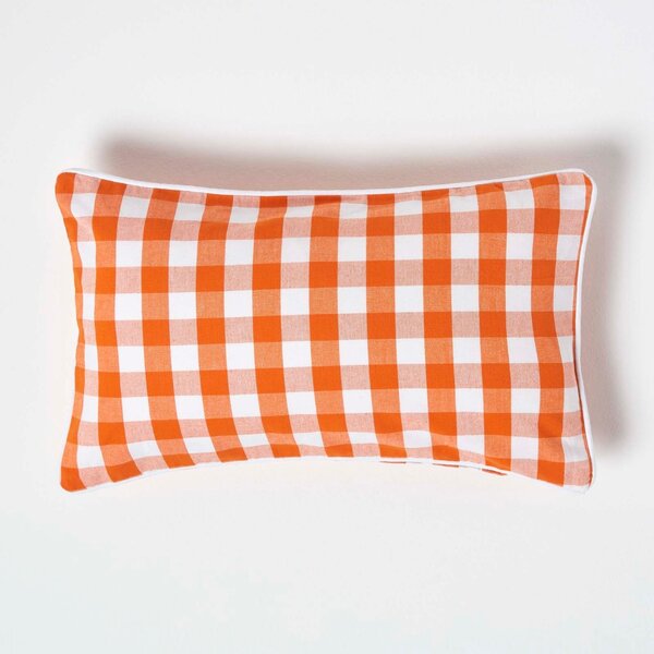 Homescapes Cotton Block Check Gingham Orange Cushion Cover, 30 x 50 cm