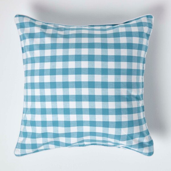 Homescapes Cotton Block Check Gingham Blue Cushion Cover, 60 x 60 cm