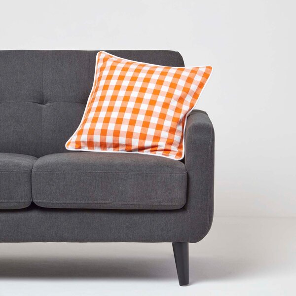 Homescapes Cotton Block Check Gingham Orange Cushion Cover, 45 x 45 cm