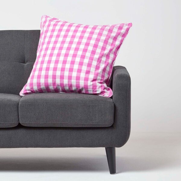 Homescapes Cotton Block Check Gingham Pink Cushion Cover, 60 x 60 cm