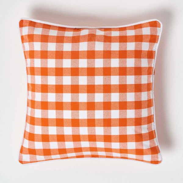 Homescapes Cotton Block Check Gingham Orange Cushion Cover, 45 x 45 cm