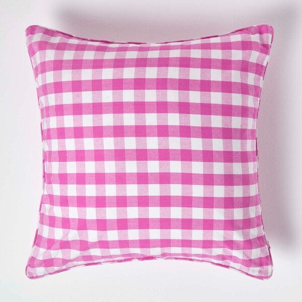 Homescapes Cotton Block Check Gingham Pink Cushion Cover, 60 x 60 cm