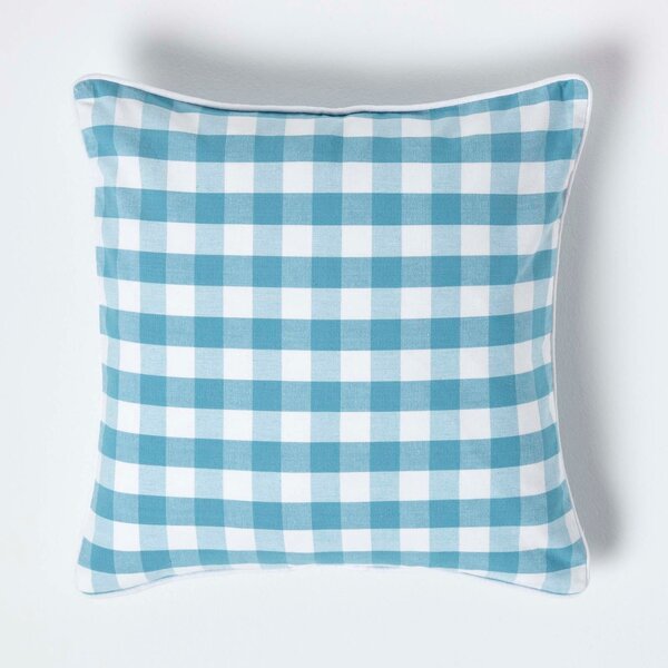 Homescapes Cotton Block Check Gingham Blue Cushion Cover, 45 x 45 cm