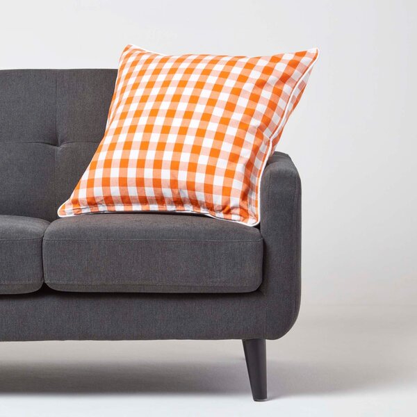 Homescapes Cotton Block Check Gingham Orange Cushion Cover, 60 x 60 cm