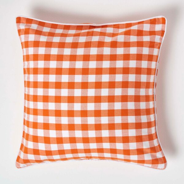 Homescapes Cotton Block Check Gingham Orange Cushion Cover, 60 x 60 cm