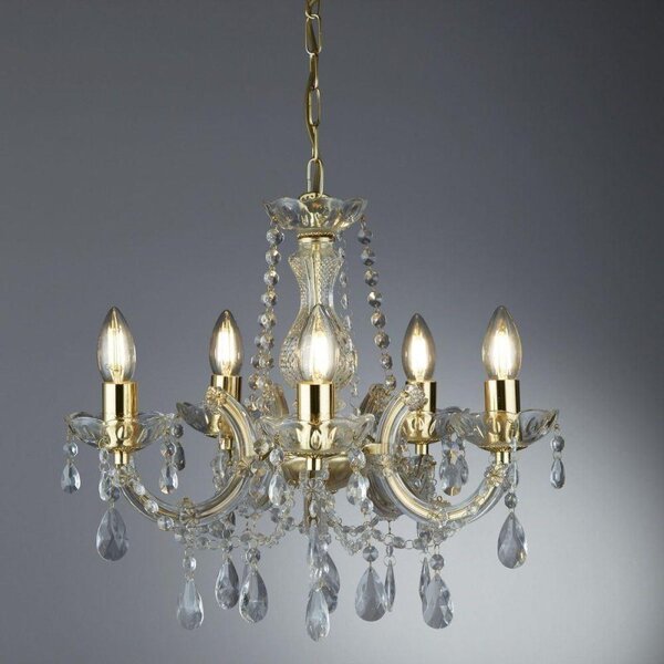 Searchlight 699-5 Marie Therese 5 Light Crystal Chandelier in Polished Brass