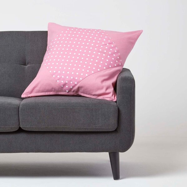 Homescapes Cotton Plain Pink and Polka Dots Cushion Cover, 45 x 45 cm